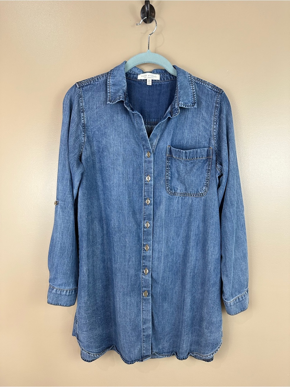 Side Stitch Los Angeles PXS Lyocell Chambray Tunic 3/4 Sleeve Shirt Oversized